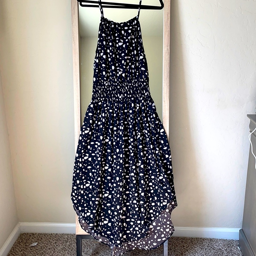 Dalamation shirred curved hemmed halter dress